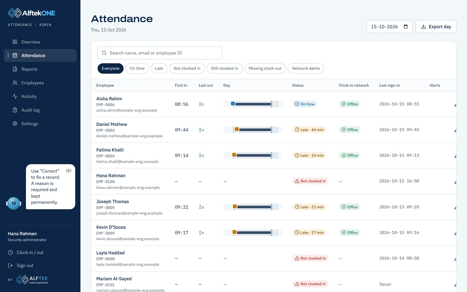 The attendance screen listing each person’s day with status and clock times
