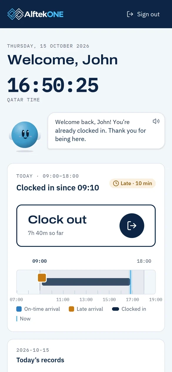 The AlftekOne clock page on a phone: a large clock, the day’s hours and the Clock in button